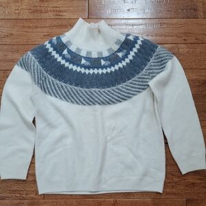 Magaschoni Cream and Blue Fair Isle Mockneck Sweater